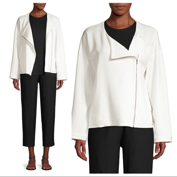 Eileen Fisher Roundneck Zip Jacket White Size Medium Petite - Picture 2 of 13